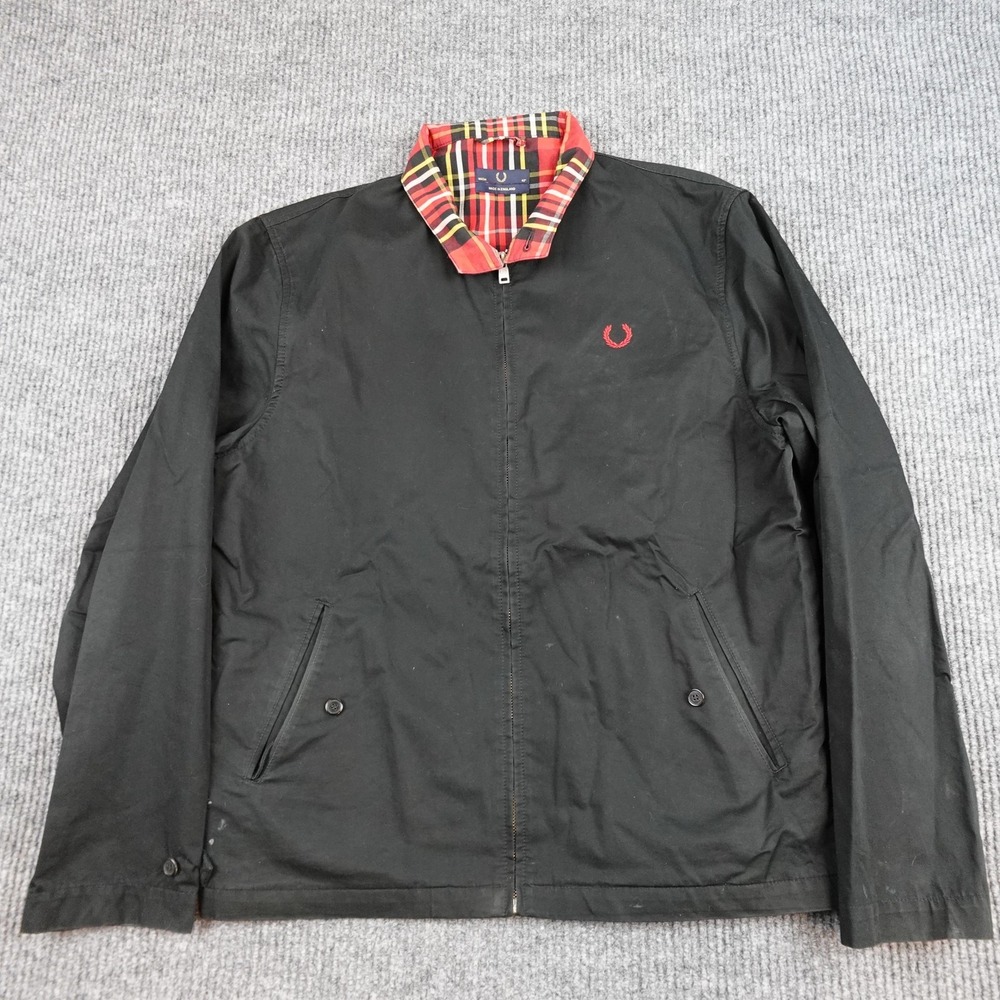 Fred Perry Jacket Mens 42 Black Harrington Bomber Full Zip Tartan Lined England